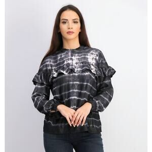 MANGO Navy Tie Dye Ruffle Long Sleeve Knot Wrist Blouse M Feminine Trendy